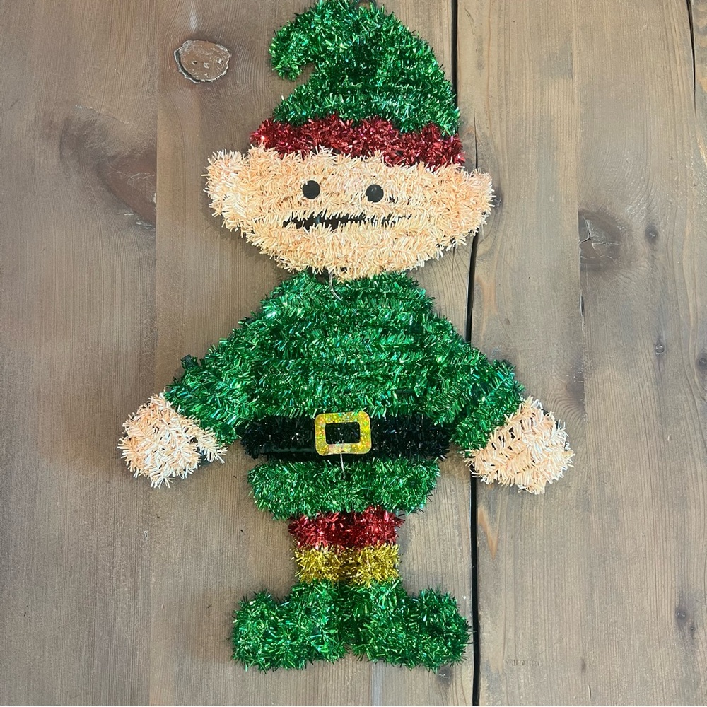 Festive Green Elf Tinsel Wall Hanging Decoration